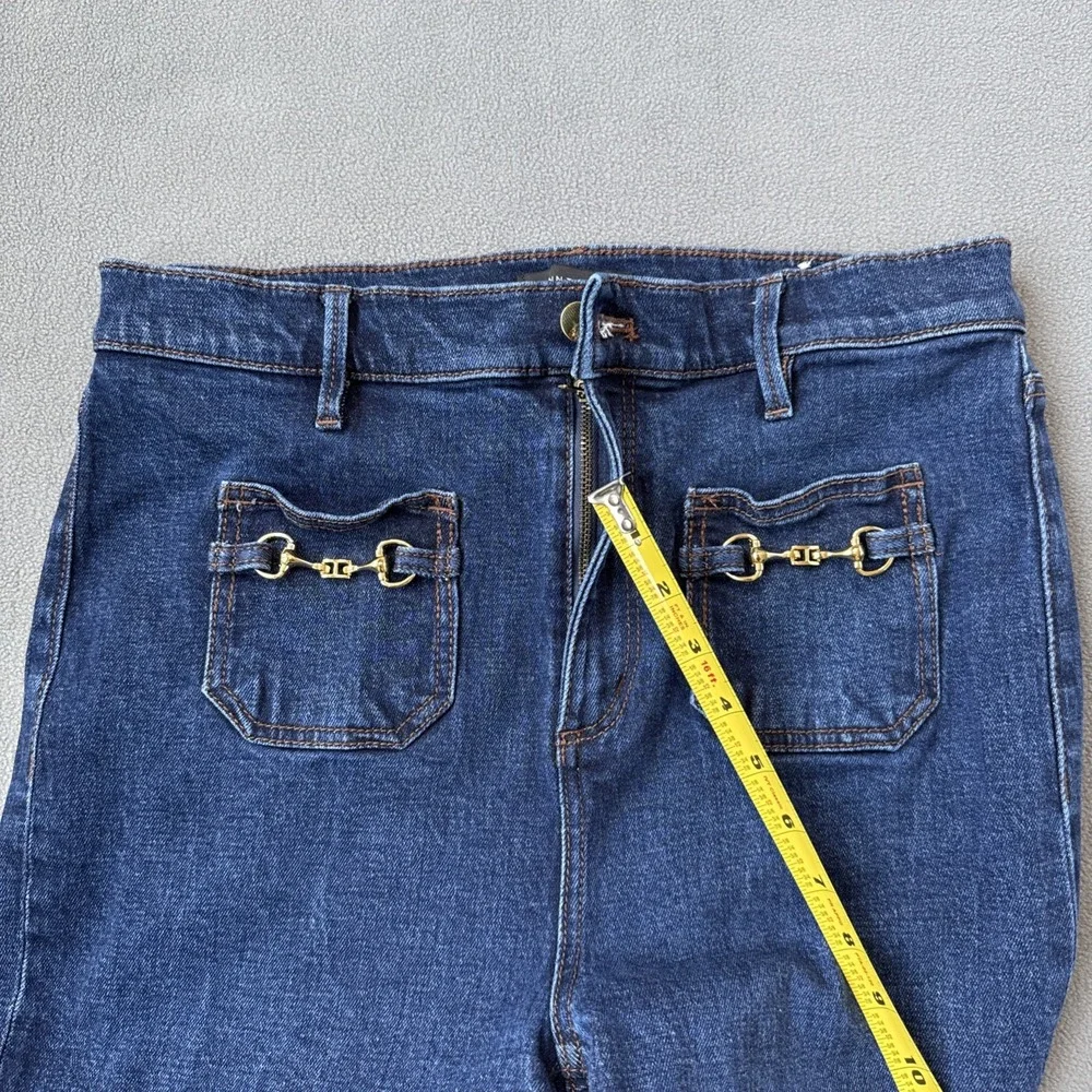 Ann Taylor Flare Jeans High Rise Patch Pocket Horsebit Stretch Size 10‎ Blue